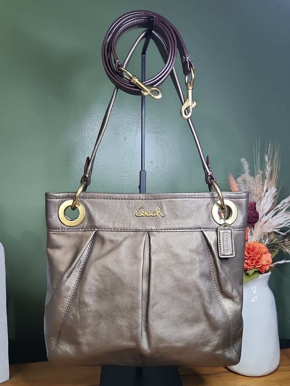 Coach Ashley Leather Metallic Taupe/Bronze Hippie Bag EUC